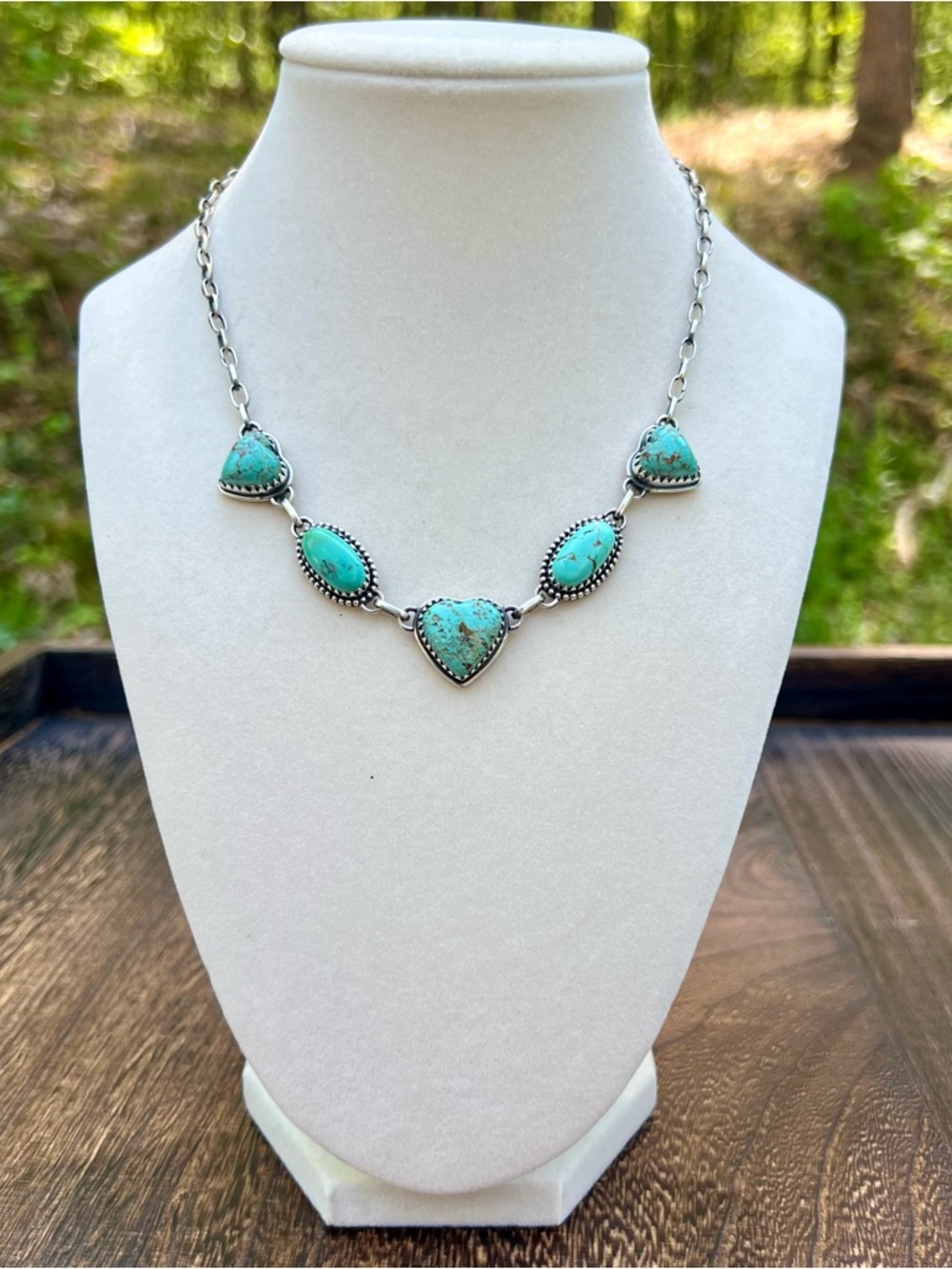925 Sterling Silver Kingman Turquoise Heart Choker Necklace Handmade